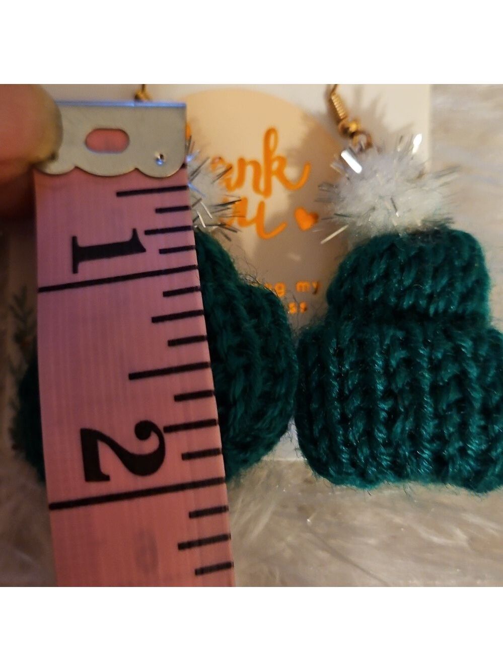 Handmade Jewelry Hand Knit Mini Christmas Hat Green white and silver pom-pom 2" - Picture 6 of 8